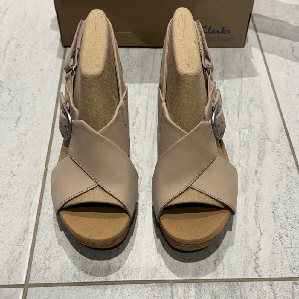 Clarks Blush Tan Crisscross Wedge Sandals